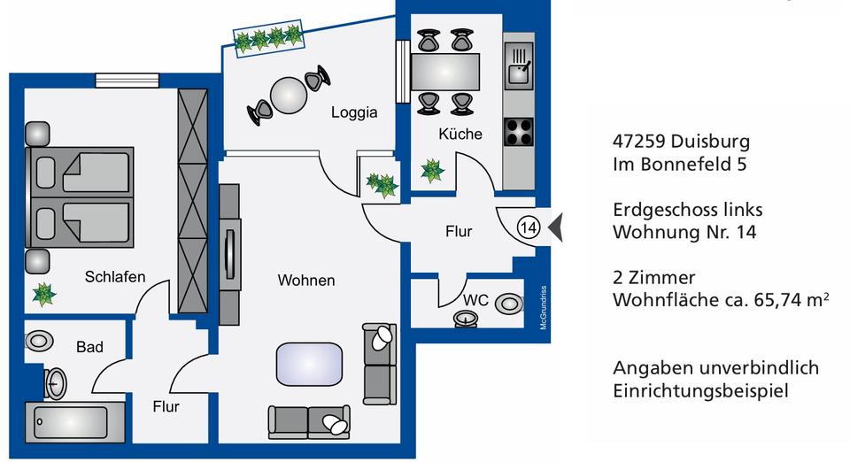 Erdgeschoßwohnung Duisburg Huckingen - 2 Zimmer, 66 m&sup2;, 139.000&euro; | Angebot:26135796